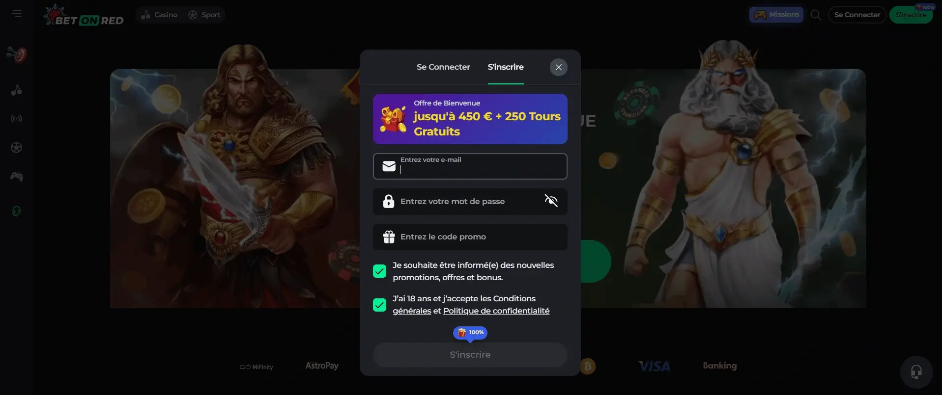 Inscription à BetOnRed Casino