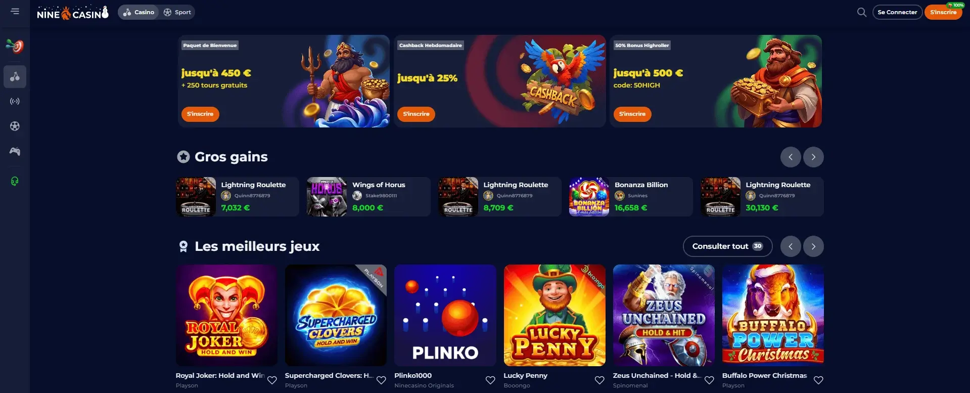 Jeux disponibles sur Nine Casino 