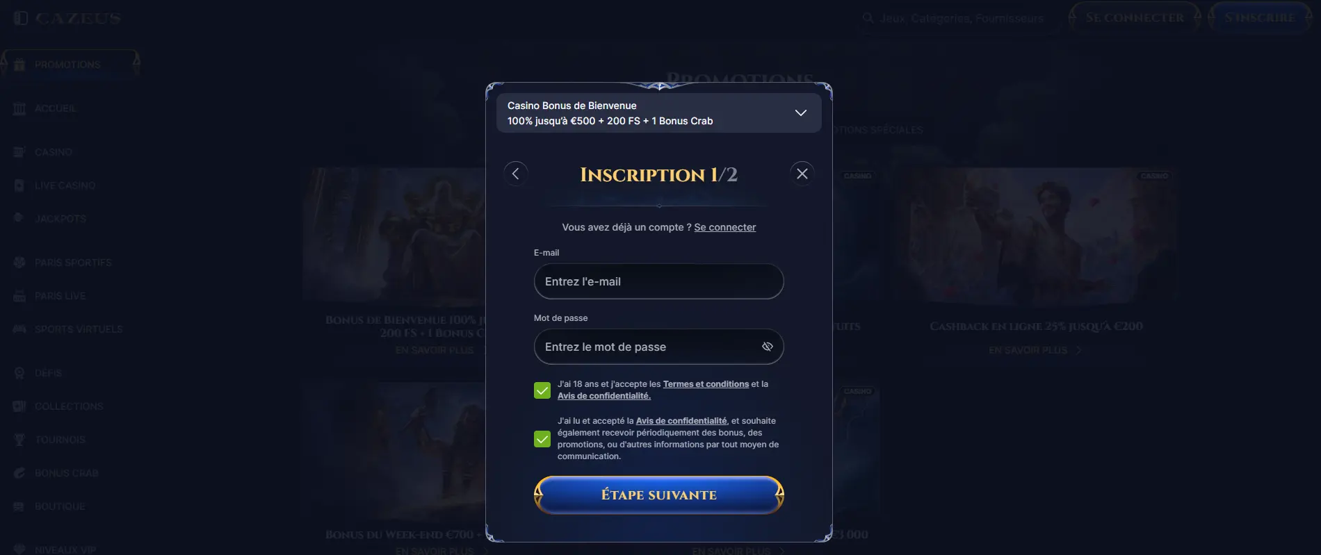 Comment s’inscrire et créer un compte sur Cazeus casino ?