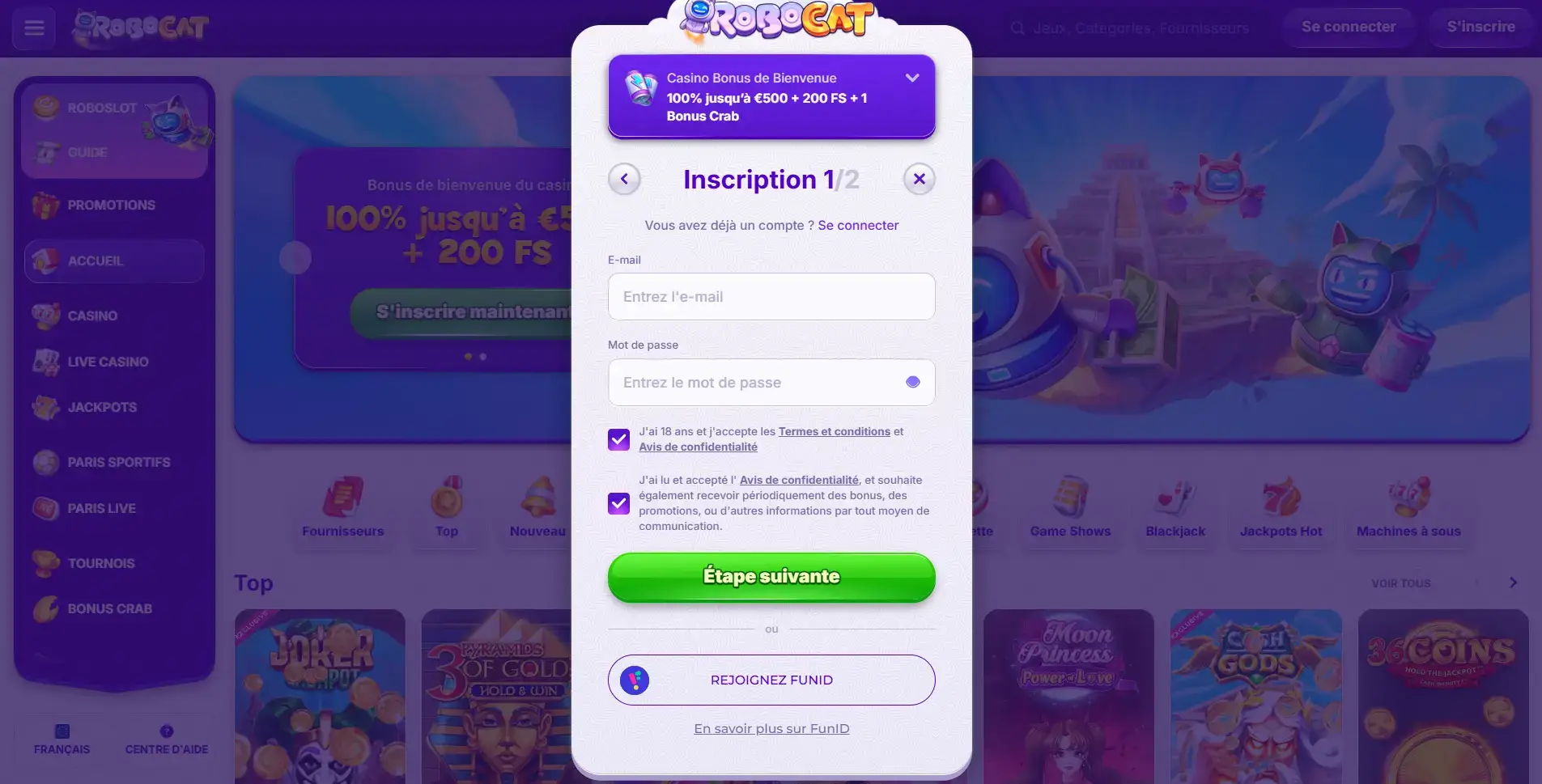 Comment s’inscrire sur Robocat casino ?