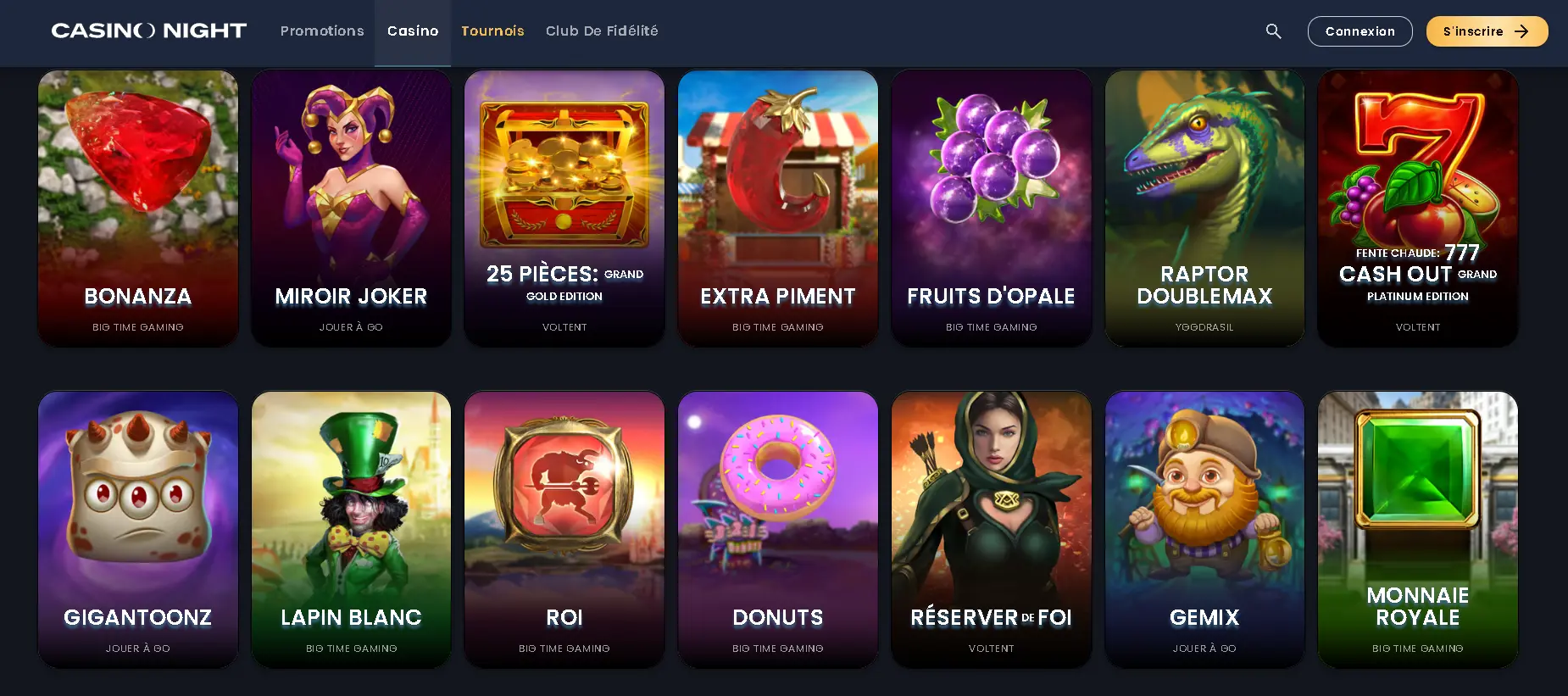 Jeux proposés par casino Night