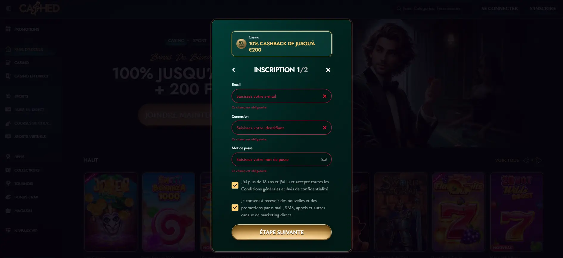 Inscription et connexion à Cashed casino 